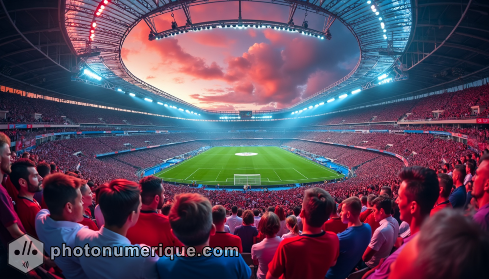 A vivid photograph capturing the electrifying atmosphere of a packed stadium during a major sports event.