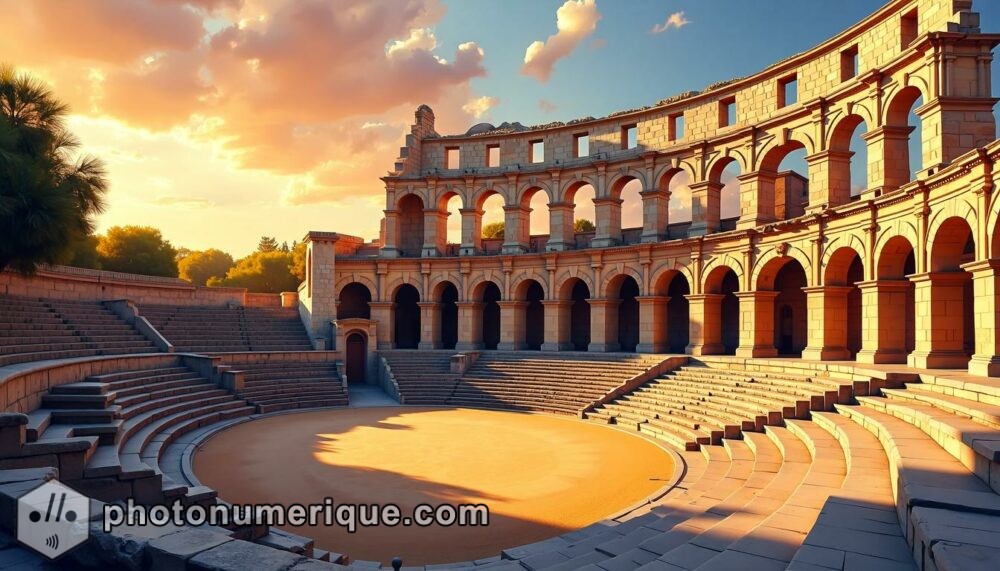 a warm, impressionistic image of the Roman Amphitheatre in Arles at sunset