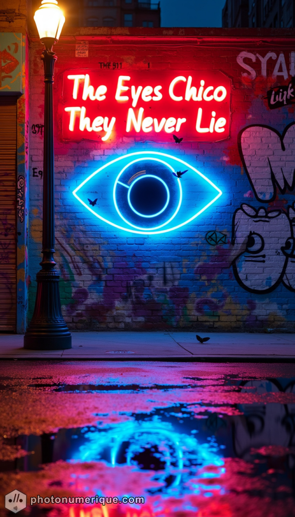 A fun neon sign shaped like a winking eye, with colorful street art in the background.