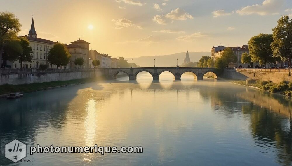 A serene view of the Rhône River at sunset, reflecting the calm beauty of the Provence region.