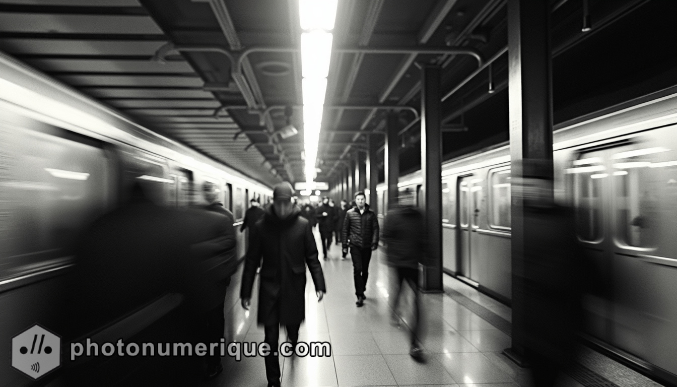 A stark, high-contrast photograph capturing the rush of commuters in a subway station.