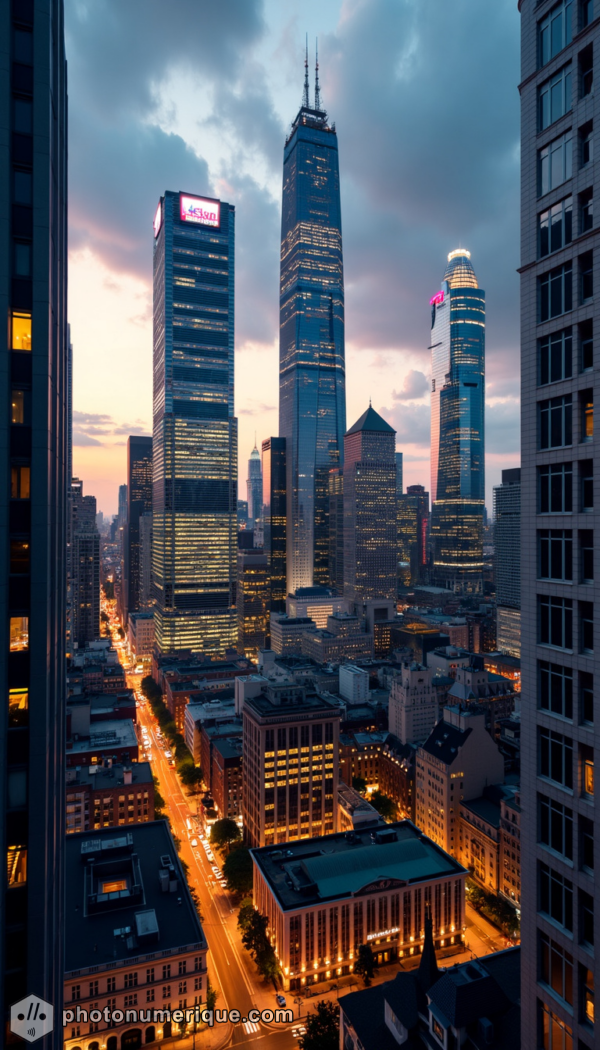 A dynamic cityscape at dusk, highlighting the vertical energy of urban life.