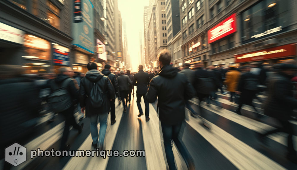 A dynamic photograph capturing a dense crowd rushing through a busy metropolitan street.