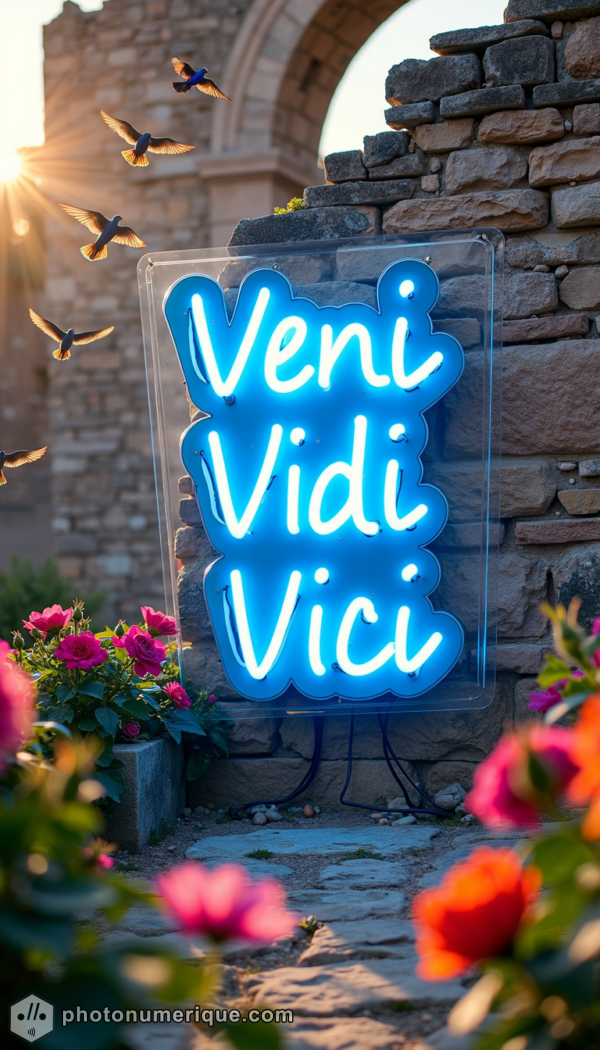 A dynamic neon sign shaped around a Roman laurel wreath with the phrase "Veni Vidi Vici."