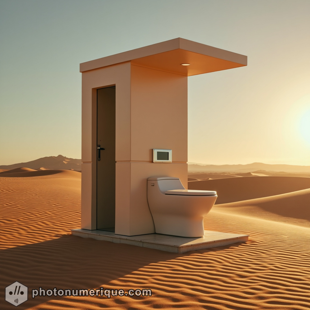 A hyperrealistic photograph of a minimalist, solar-powered toilet in the Sahara Desert, juxtaposing modern design with the vastness of the sand dunes, bathed in the golden light of the setting sun