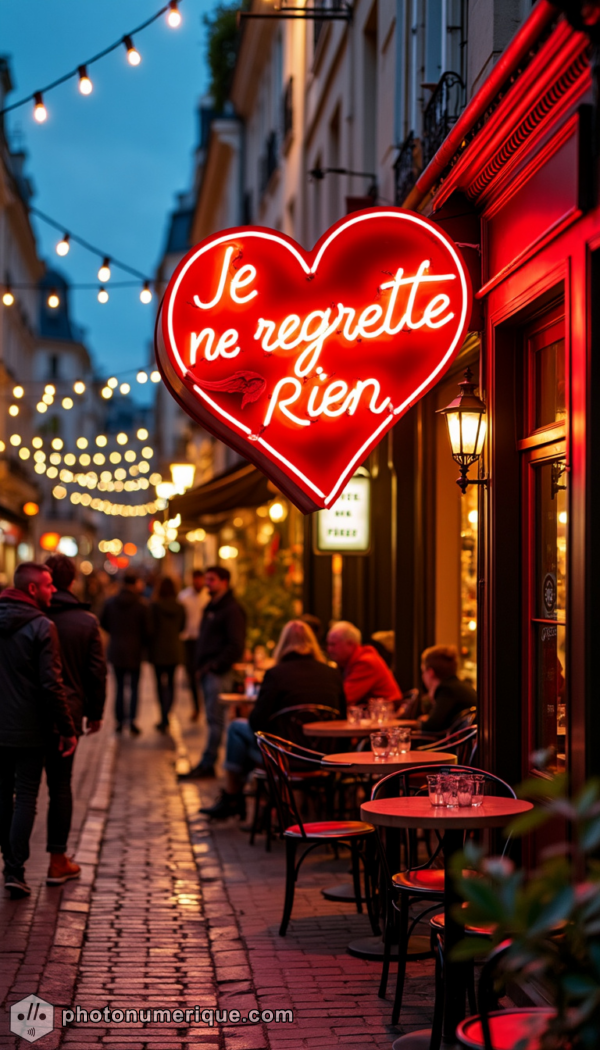 A bold red neon sign shaped like a dancing figure, lighting up a Parisian café.