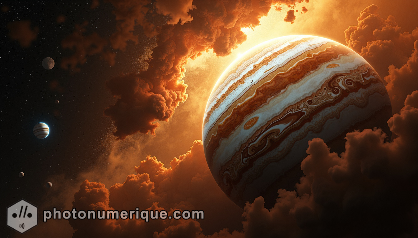 Jupiter, the largest planet, depicted as a grand and majestic sovereign.