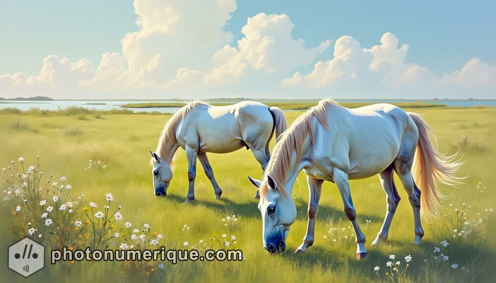 The majestic white horses of Camargue grazing in peace, creating a scene of tranquility.