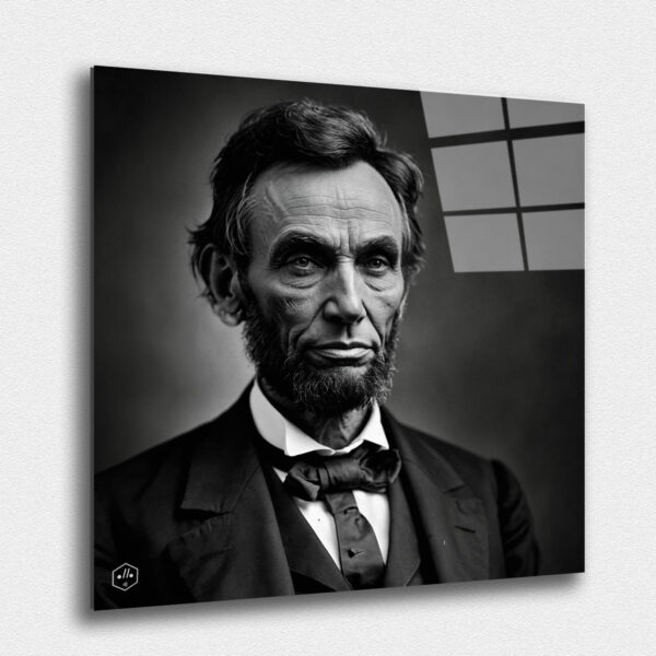 "A black-and-white portrait of Abraham Lincoln, focusing on his iconic, rugged features."