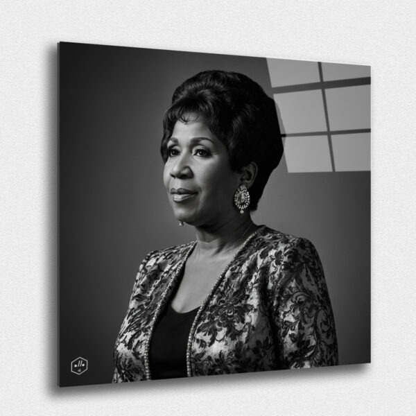 A hyperrealistic black-and-white portrait of Aretha Franklin in the classic Studio Harcourt style.