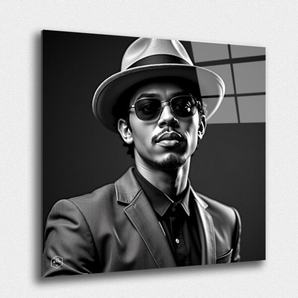 A lively black-and-white portrait of Bruno Mars with a Harcourt Studio aesthetic.