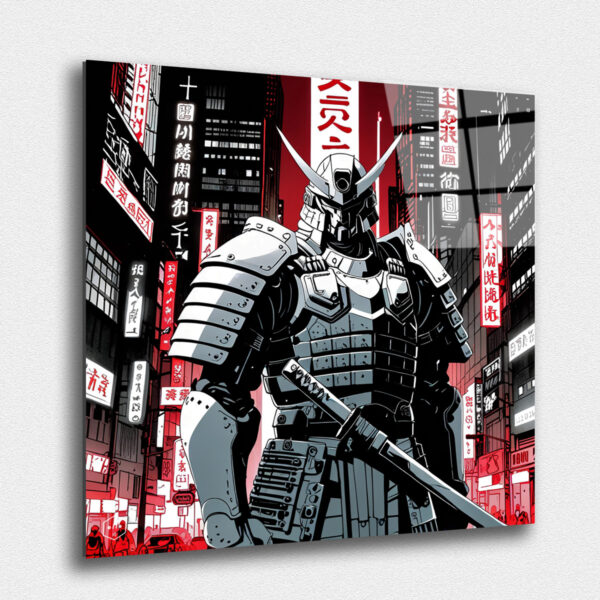 "A futuristic samurai clad in cybernetic armor, standing against a backdrop of a dystopian city. ""Anime Chronicles: A Journey Through Modern Mythologies"" is a celebration of the dynamic and diverse world of anime and manga, offering collectors and fans a unique opportunity to bring their favorite styles and stories into their living spaces."