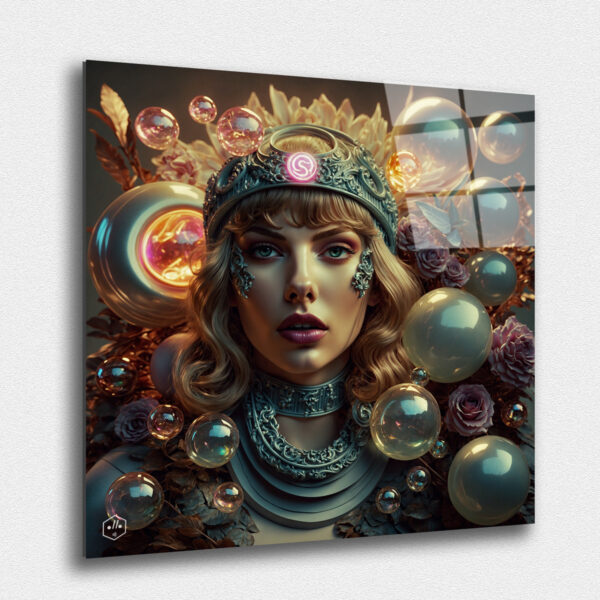 "This piece captures Taylor Swift as a modern-day queen, blending regal Renaissance elements with futuristic design. Her expression radiates power and grace, framed by ornate digital patterns. ""Digital Renaissance"" is a breathtaking homage to Taylor Swift, reimagining her essence through eight stunning digital artworks. These pieces blend classical Renaissance aesthetics with cutting-edge digital artistry, creating a timeless fusion that celebrates Taylor's iconic status in a contemporary world."