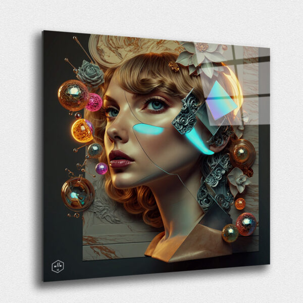 "A digital sculpture of Taylor Swift, blending Renaissance floral elements with glowing, futuristic accents. ""Digital Renaissance"" is a breathtaking homage to Taylor Swift, reimagining her essence through eight stunning digital artworks. These pieces blend classical Renaissance aesthetics with cutting-edge digital artistry, creating a timeless fusion that celebrates Taylor's iconic status in a contemporary world."