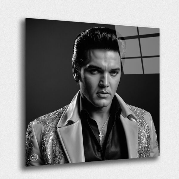 "A dynamic black-and-white portrait of Elvis Presley, capturing his confident and charismatic presence."