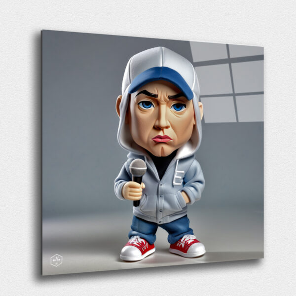 A hyperrealistic image of a plush caricature of Eminem.