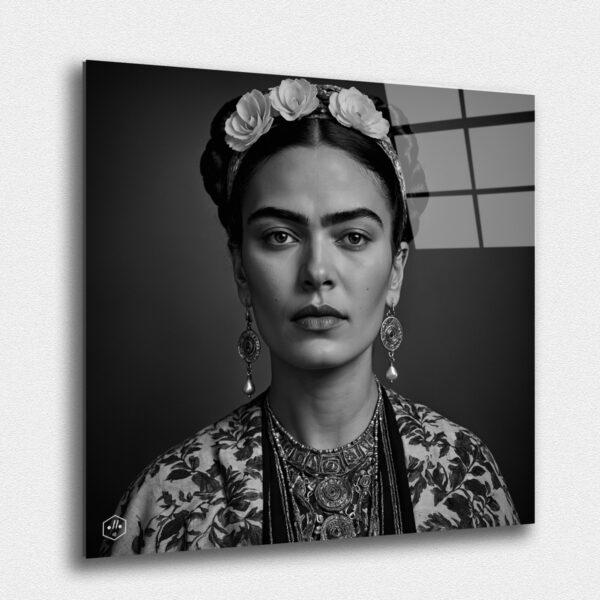 "a hyperrealistic black-and-white portrait of Frida Kahlo in the distinctive Studio Harcourt style. This collection, ""Eternal Elegance: Timeless Portraits of Legendary Women,"" honors the legacy and influence of these extraordinary women, capturing their essence in the refined and timeless style of Studio Harcourt. These portraits celebrate their contributions to the world, ensuring that their memory and impact will endure for generations to come."