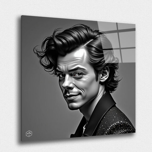 A hyperrealistic black-and-white portrait of Harry Styles in the classic Studio Harcourt style and caricatural.