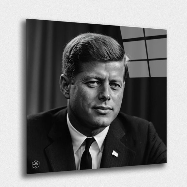 "A charismatic black-and-white portrait of John F. Kennedy, highlighting his youthful and dynamic features."