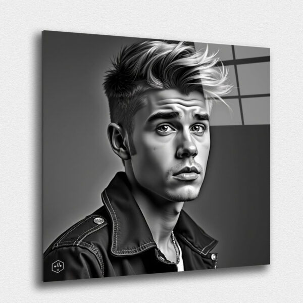 A hyperrealistic black-and-white caricatural portrait of Justin Bieber in the Harcourt Studio style.