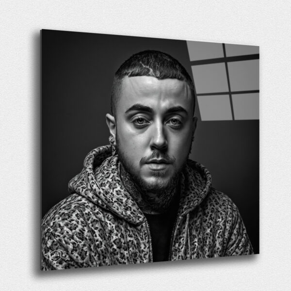 "A hyperrealistic black-and-white portrait of Mac Miller in the refined Studio Harcourt style. ""Legends Never Die: Timeless Portraits of Fallen Hip-Hop Icons in Harcourt Elegance"" captures the enduring spirit and cultural impact of the most iconic figures in hip-hop history. This exclusive collection presents each legendary artist in the timeless black-and-white style of Studio Harcourt, blending their powerful presence with classic elegance. The portraits pay tribute to the creativity, resilience, and influence of these fallen icons, immortalizing their legacy with unmatched sophistication. A must-have for collectors and fans alike, this series is a celebration of the enduring power of music, culture, and the voices that continue to inspire generations."