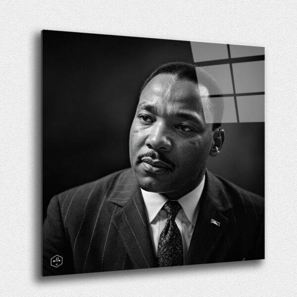 "A powerful black-and-white portrait of Martin Luther King Jr., capturing his determined and compassionate expression."