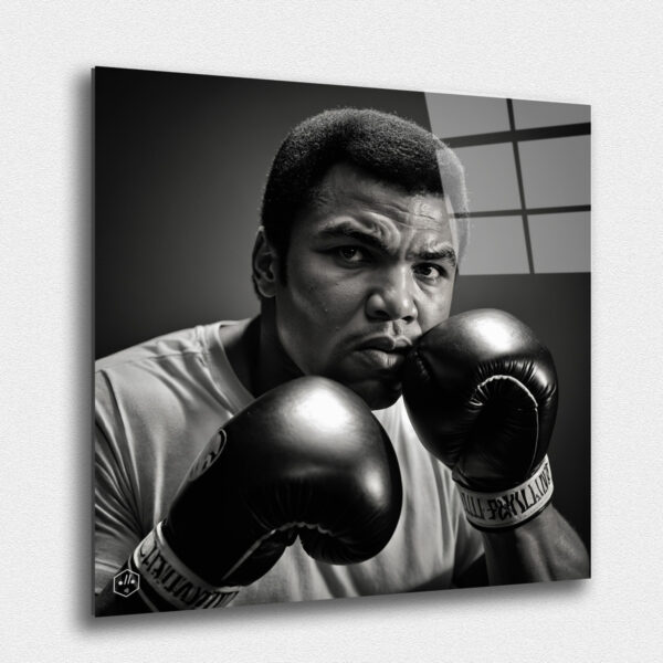 "A bold black-and-white portrait of Muhammad Ali, capturing his fierce and determined expression."