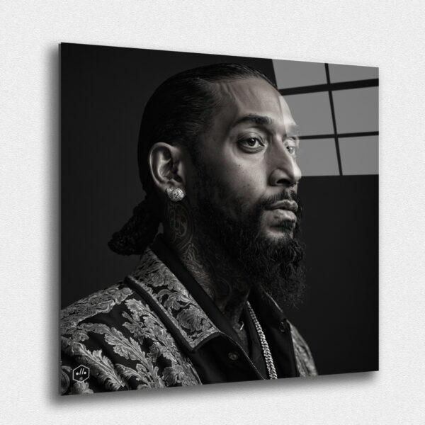 "A hyperrealistic black-and-white portrait of Nipsey Hussle in the refined Studio Harcourt style. ""Legends Never Die: Timeless Portraits of Fallen Hip-Hop Icons in Harcourt Elegance"" captures the enduring spirit and cultural impact of the most iconic figures in hip-hop history. This exclusive collection presents each legendary artist in the timeless black-and-white style of Studio Harcourt, blending their powerful presence with classic elegance. The portraits pay tribute to the creativity, resilience, and influence of these fallen icons, immortalizing their legacy with unmatched sophistication. A must-have for collectors and fans alike, this series is a celebration of the enduring power of music, culture, and the voices that continue to inspire generations."