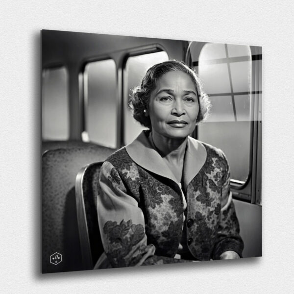 "A dignified black-and-white portrait of Rosa Parks, emphasizing her calm strength and determination."