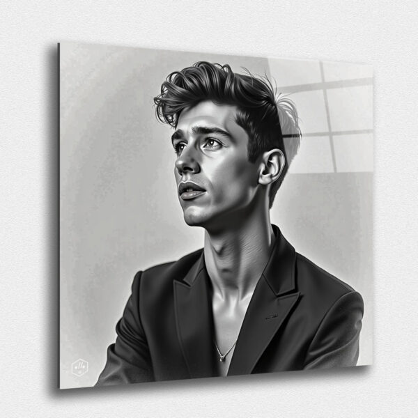 An elegant black-and-white portrait of Shawn Mendes, combining hyperrealism with caricature