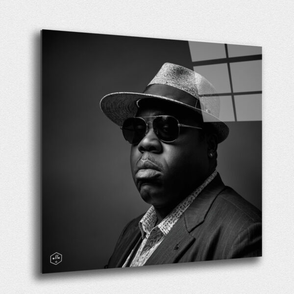 "A hyperrealistic black-and-white portrait of The Notorious B.I.G. in the classic Studio Harcourt style. ""Legends Never Die: Timeless Portraits of Fallen Hip-Hop Icons in Harcourt Elegance"" captures the enduring spirit and cultural impact of the most iconic figures in hip-hop history. This exclusive collection presents each legendary artist in the timeless black-and-white style of Studio Harcourt, blending their powerful presence with classic elegance. The portraits pay tribute to the creativity, resilience, and influence of these fallen icons, immortalizing their legacy with unmatched sophistication. A must-have for collectors and fans alike, this series is a celebration of the enduring power of music, culture, and the voices that continue to inspire generations."