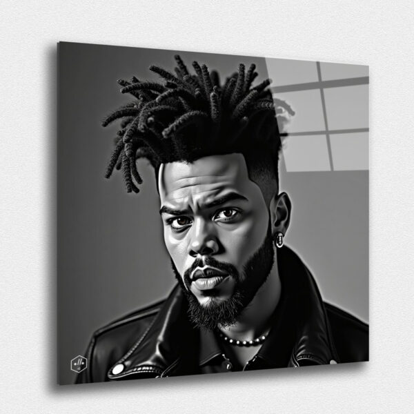 A sophisticated black-and-white portrait of The Weeknd, blending hyperrealism with caricature.