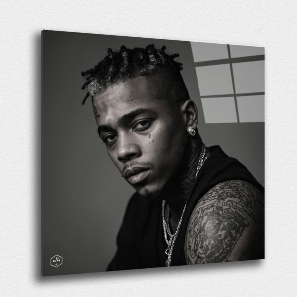 "A hyperrealistic black-and-white portrait of XXXtentacion in the dramatic Studio Harcourt style. ""Legends Never Die: Timeless Portraits of Fallen Hip-Hop Icons in Harcourt Elegance"" captures the enduring spirit and cultural impact of the most iconic figures in hip-hop history. This exclusive collection presents each legendary artist in the timeless black-and-white style of Studio Harcourt, blending their powerful presence with classic elegance. The portraits pay tribute to the creativity, resilience, and influence of these fallen icons, immortalizing their legacy with unmatched sophistication. A must-have for collectors and fans alike, this series is a celebration of the enduring power of music, culture, and the voices that continue to inspire generations."