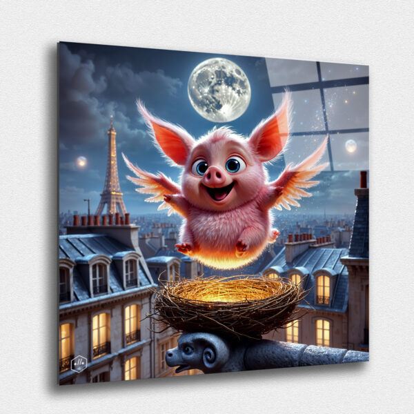 A baby creature that is a mix of a pig and an owl in a nest on the roofs of Paris.