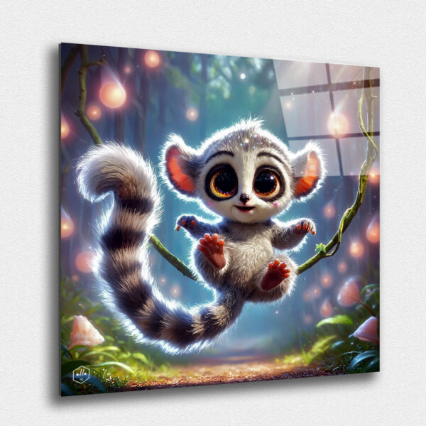 "A baby lemur-bear creature, energetically swinging from a vine with a playful expression."