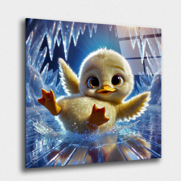 "A baby creature that blends a duckling and a seal pup, playfully sliding across a translucent ice surface in a magical, icy environment."