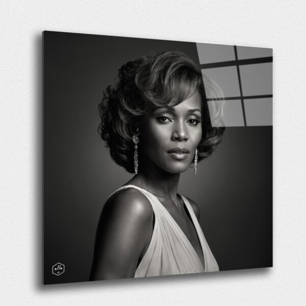 "A hyperrealistic black-and-white portrait of Whitney Houston in the iconic Studio Harcourt style. ""Eternal Elegance: Timeless Portraits of Legendary Women"" honors the legacy and influence of these extraordinary women, capturing their essence in the refined and timeless style of Studio Harcourt. These portraits celebrate their contributions to the world, ensuring that their memory and impact will endure for generations to come. ""Divas of America: Timeless Voices Captured in Harcourt Elegance"" celebrates the power, talent, and enduring appeal of these iconic American singers. The Studio Harcourt style adds a layer of timeless sophistication, making these portraits perfect for art collectors who appreciate the intersection of music, culture, and classic photography."